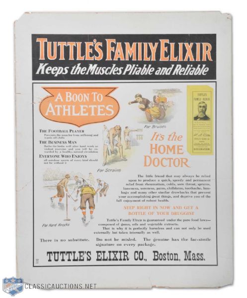 1900s "Tuttles Elixir" Advertising Lithograph Featuring Hockey and Football (28" x 22")