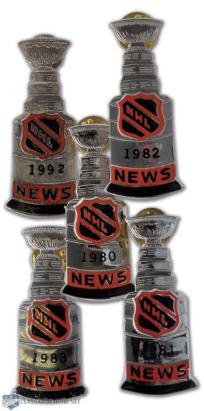 1980-1992 NHL Stanley Cup Press Pin Collection of 5