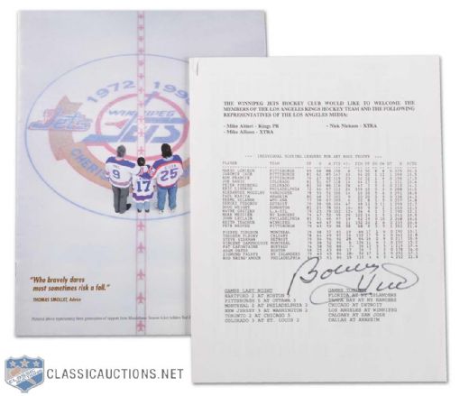 April 12, 1996 Winnipeg Jets Last Home Game Program Plus Media Game Notes Package Signed by Bobby Hull