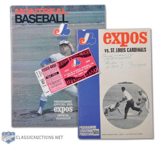 1969 Montreal Expos First Home Game Program, Ticket Stub & Yearbook Collection of 3