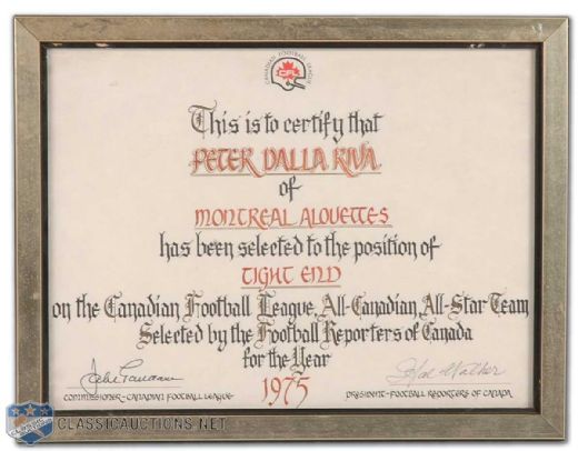 Peter Dalla Rivas 1975 CFL All-Star Team Framed Certificate