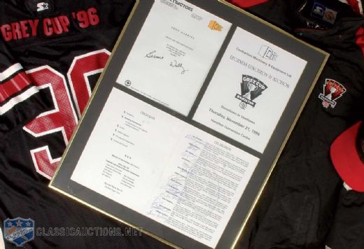 1996 Grey Cup Collection of 4, Featuring Framed Luncheon Program Signed by 12 Members of CFL Hall of Fame