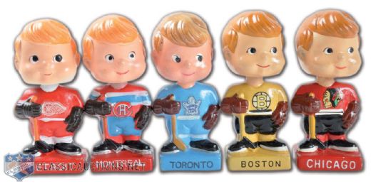 1961-63 NHL "Original Six" Mini Bobbing Head Dolls Collection of 5