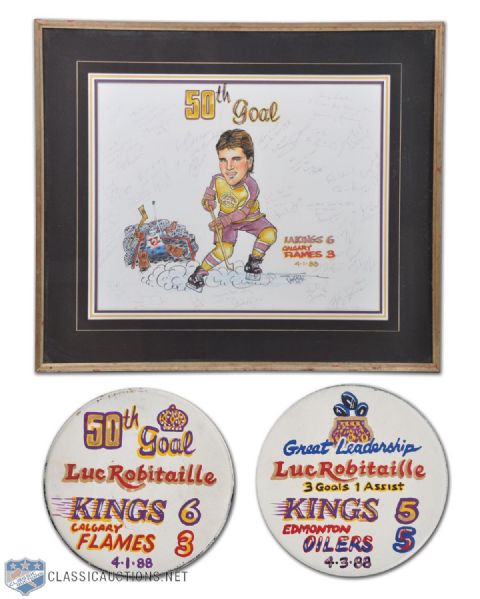 Luc Robitailles 1987-88 Los Angeles Kings Hat Trick / 4 Points Goal Puck and 50th Puck and<br> Team-Signed Frame