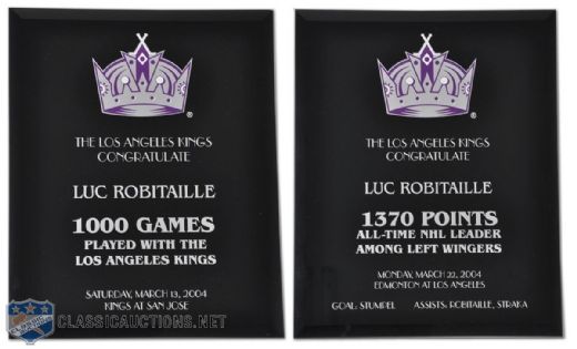 Luc Robitailles NHL Left Wing Record 1,370 Points & Los Angeles Kings 1,000th Game Plaque,<br> Collection of 2