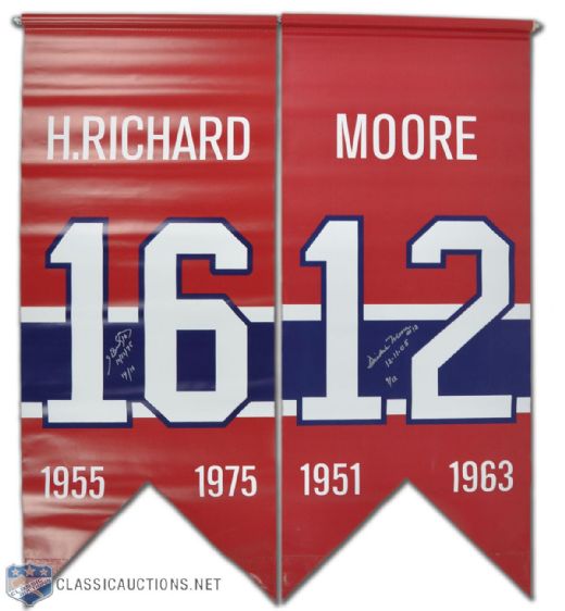 Henri Richard and Dickie Moore Signed Montreal Canadiens Jersey Number Retirement Banner Collection of 2 (47” x 20 1/2")
