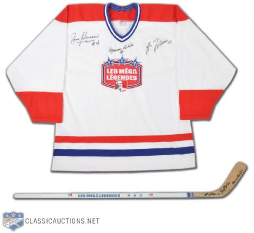 Maurice Richard, Jean Beliveau and Guy Lafleur Signed Jersey and Stick 