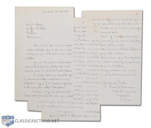 1949 Jacques Plante Handwritten and Signed Four-Page Pre-NHL Hockey Letter