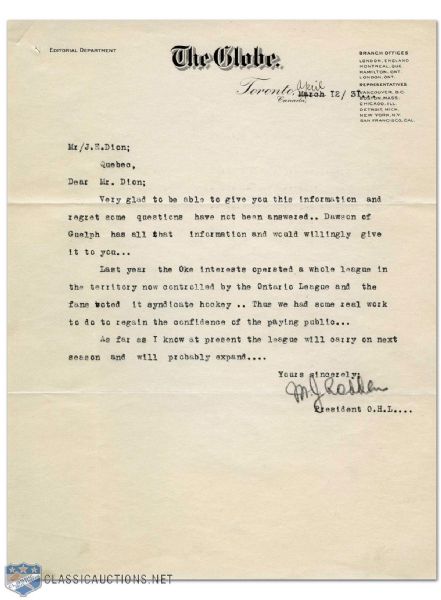 1936 HOF Mike Rodden Autographed Letter on "The Globe" Stationery