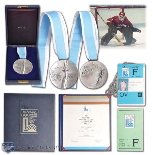 Vladimir Myshkins Team Russia 1980 Winter Olympics Silver Medal, Winners Diploma and Official Lake Placid Accreditations