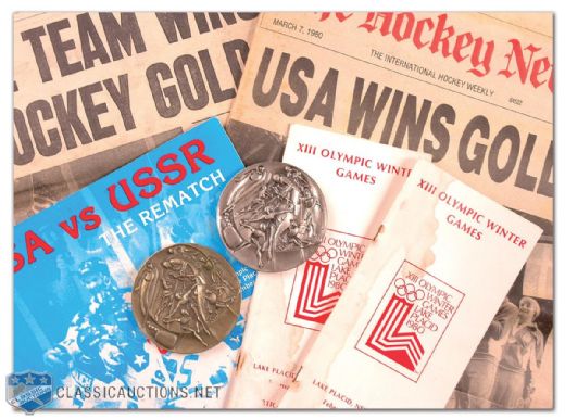 1980 Lake Placid Olympic Participation Medal Collection of 2, Plus Vintage "Miracle On Ice" Hockey Publications