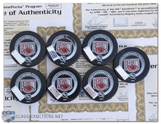 2004 Eastern Conference Finals Games 1-7 Game-Used Pucks with NHL GamePucks Program LOAs 