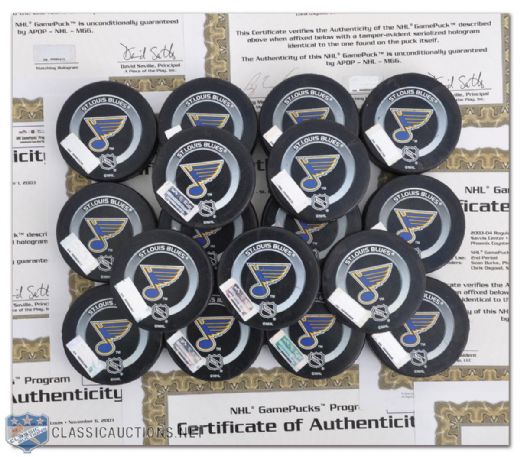 2003-04 St. Louis Blues Collection of 17 Game-Used Pucks with NHL GamePucks Program LOAs 