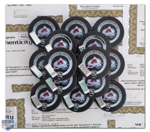 2003-04 Colorado Avalanche Collection of 15 Game-Used Pucks with NHL GamePucks Program LOAs 
