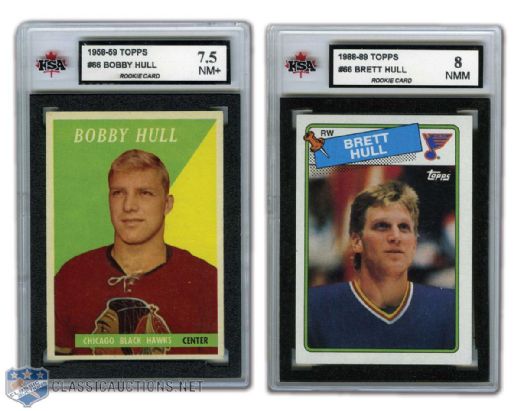 1958-59 Topps Bobby Hull KSA 7.5 Rookie Card & 1988-89 Topps Brett Hull KSA-8 RC