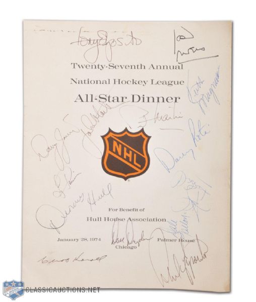 Dennis Hulls 1974 NHL All-Star Dinner Menu Signed by 14