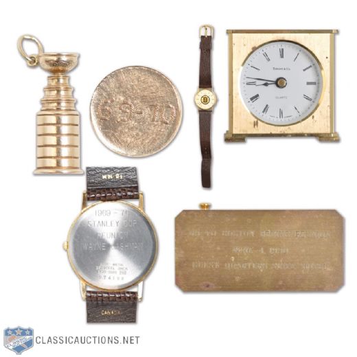 Wayne Cashmans 1969-70 Boston Bruins 10K Stanley Cup Pendant Plus Watch and Clock