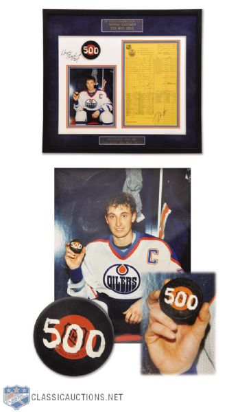 Wayne Gretzkys 500 Goal Milestone Display with Photo Shoot Puck - Photo-Matched!