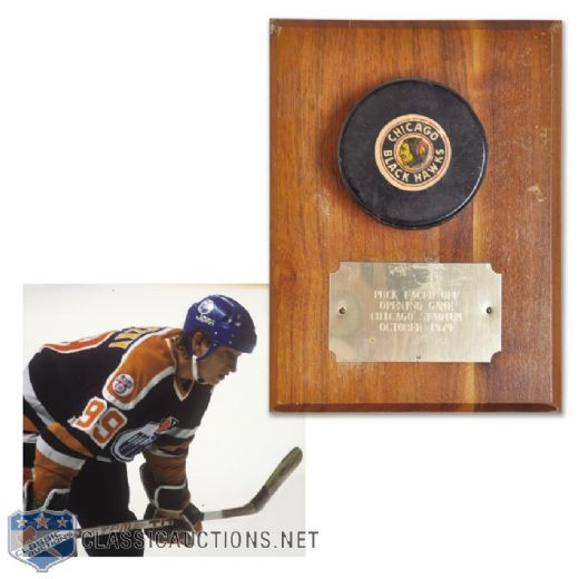 October 10th 1979 Game-Used Puck from Wayne Gretzkys and Edmonton Oilers First NHL Game