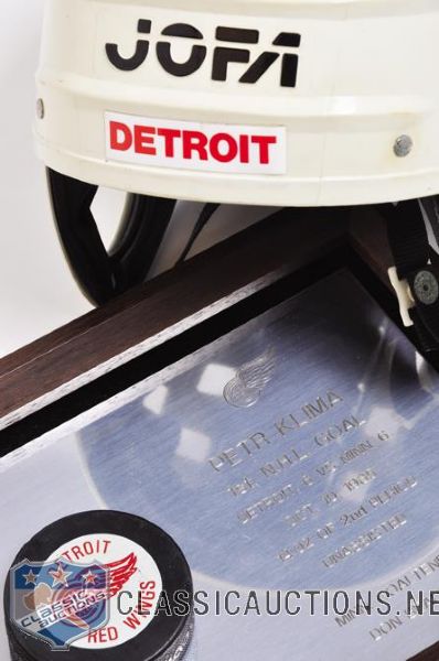 Petr Klimas 1985 Detroit Red Wings First Goal Puck Plaque and 1989-90 Game-Worn Jofa Helmet