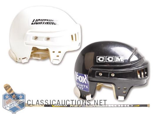 Petr Klimas Mid-1990s Tampa Bay Lightning Game-Worn Helmets (2) and Signed Game-Used Koho Stick