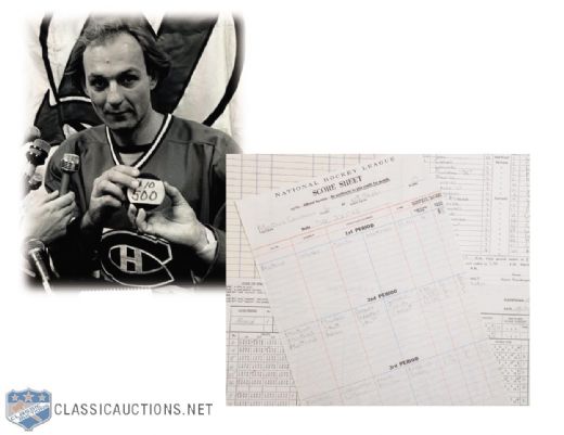 Official NHL Score Sheet and Documents for Guy Lafleur 500th Goal Game