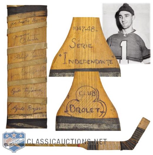 Jacques Plantes 1947-48 Drolet Hockey Team Game-Used Team-Signed Stick