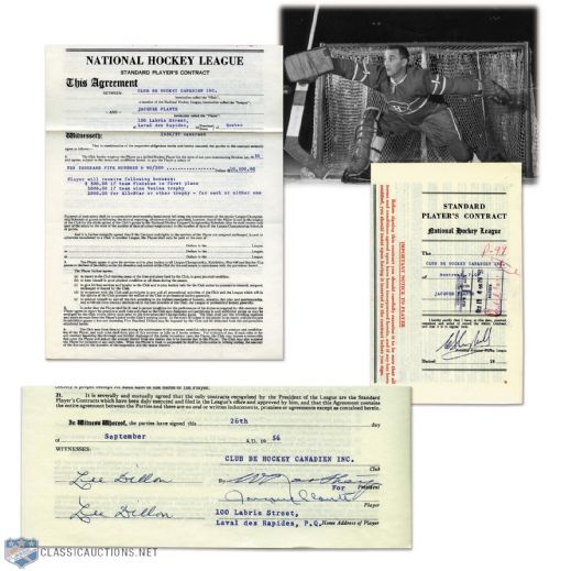 Jacques Plantes 1956-57 Montreal Canadiens NHL Contract Signed by Plante, Northey and Campbell