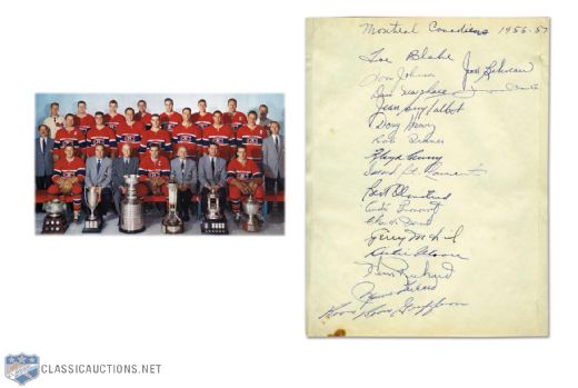 Montreal Canadiens 1956-57 Stanley Cup Champions Team-Signed Sheet by 18, Featuring Deceased HOFers Plante, Harvey, Blake, Geoffrion and Rocket Richard