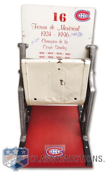 Montreal Forum #16 White Seat Signed by Henri Richard and Elmer Lach
