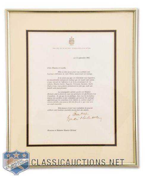 Canadian Prime Minister Brian Mulroneys 1992 Signed Letter to Maurice Richard and His Wife (15" x 12")