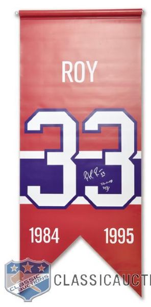 Patrick Roy Signed Montreal Canadiens Jersey Number Retirement Banner (20" x 48")
