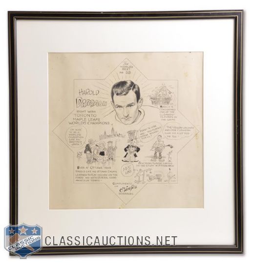 Harold Darragh 1932-33 Toronto Maple Leafs OKeefes Coaster Original Art by Lou Skuce (22" x 21 1/2")