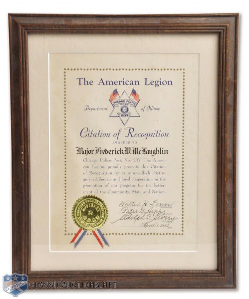 Major Frederic McLaughlins 1943 American Legion Framed Award (14 1/4" x 11 5/8")