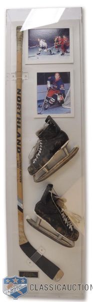 Bobby Hulls Game-Used Northland Stick and Game-Used CCM Skates Display