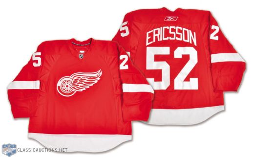 Jonathan Ericssons 2010-11 Detroit Red Wings Game-Worn Jersey with Team LOA <br>- Numerous Team Repairs!