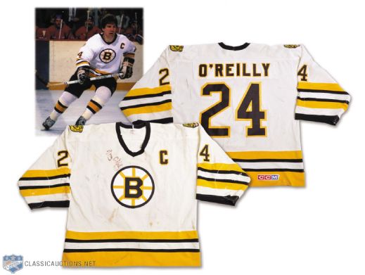 Terry OReillys 1984-85 Boston Bruins Signed Game-Worn Captains Jersey - Many Team Repairs!