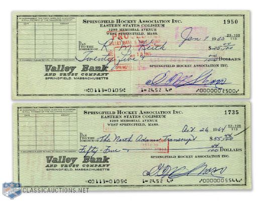 Springfield Hockey Association Cheques (2) Signed by Eddie Shore