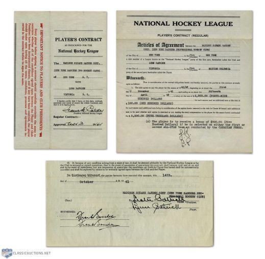 Lynn Patricks 1941-42 New York Rangers NHL Contract Signed by Calder, Boucher and Lester Patrick