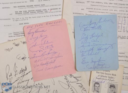 New York Rangers 1950s-1960s Team-Signed Sheet and Signed NHL Document Collection of 5