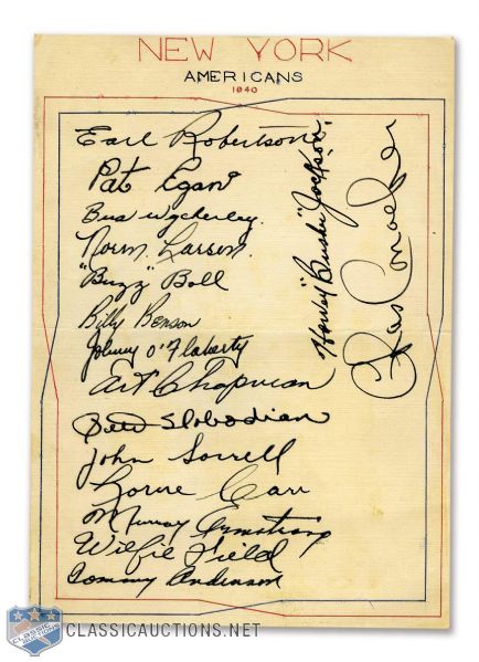 New York Americans 1940-41 Team-Signed Sheet by 15 Featuring Harvey "Busher" Jackson