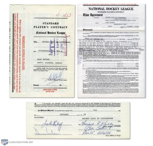 Glen Sathers 1970-71 Pittsburgh Penguins Contract Signed by Sather, Kelly, Riley and Campbell