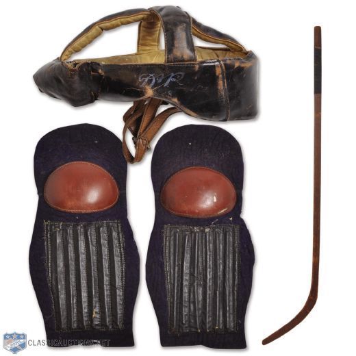 Early 20th Century One-Piece Hockey Stick, Vintage Leather Hockey Helmet and Shin Pads