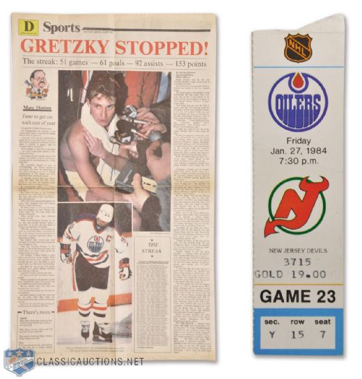 1984 Wayne Gretzkys Record 51st Game Scoring Streak Ticket and Newspaper