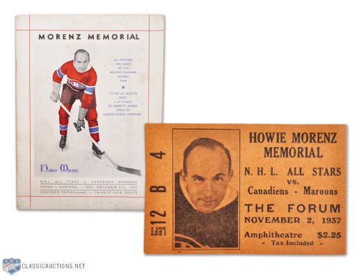 1937 Howie Morenz Benefit Game Program and Ticket