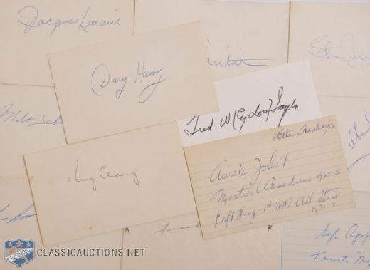 Hall-of-Famer Autograph Collection of 17 with Joliat, Taylor, Harvey, Apps and Clancy