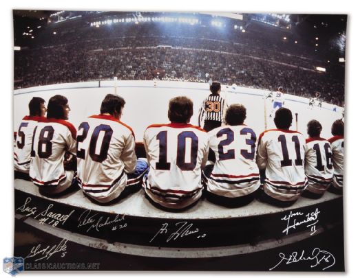 "The Bench" 11x14 Photo Signed by 6, including Lafleur, Mahovlich, Savard & H. Richard