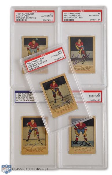 1951-52 Parkhurst Montreal Canadiens Signed Rookie / Star Cards (5) - All PSA/DNA Certified