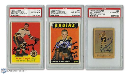 1950s/1960s Parkhurst / Topps Boston Bruins Signed Rookie / Star Cards (3) - All PSA/DNA Certified