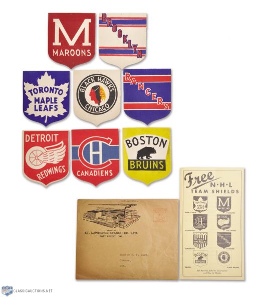 1934-43 Bee Hive Premium NHL Team Shield Crest Collection of 8 and Original Offer Ad
